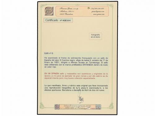 ✉ ESPAÑA. Ed. 6. 1851. FRONTAL circulado a TORRELAVEGA. 6 cu