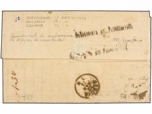 ¿ ESPAÑA. Ed. 137. 1874. BARCELONA a GÉNOVA. 50 cts. azul, m