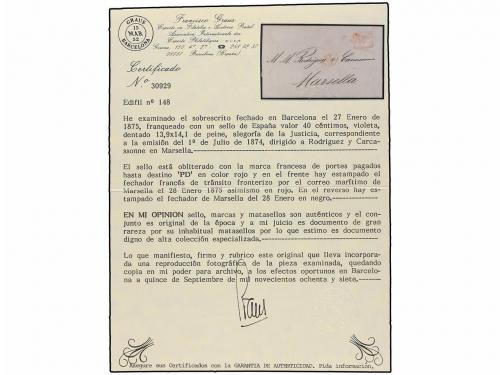 ✉ ESPAÑA. Ed. 148. 1875. BARCELONA a MARSELLA. 40 cts. viole