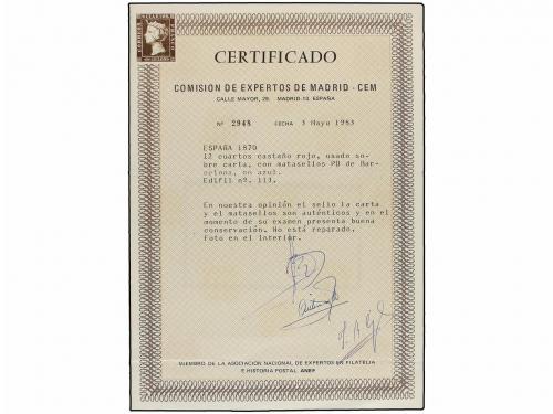 ✉ ESPAÑA. Ed. 113. 1870. BARCELONA a FRANCIA. 12 cuartos cas