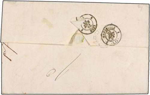 ✉ ESPAÑA. Ed. 59 (2). 1863. BARCELONA a LYON (Francia). 12 c