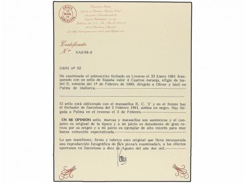 ¿ ESPAÑA. Ed. 52. 1861. LIVORNO (Italia) a PALMA DE MALLORCA