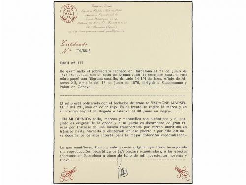 ✉ ESPAÑA. Ed. 177. 1876. BARCELONA a GÉNOVA. 25 cts. castaño