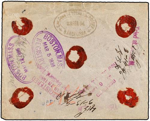 ✉ ESPAÑA. Ed. 213 (4), 217, 220 (2). 1896. BARCELONA a USA. 