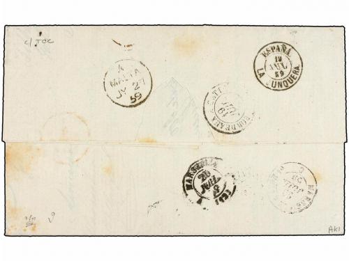 ✉ MALTA. 1859. BARCELONA a MALTA. Circulada vía Francia, mar