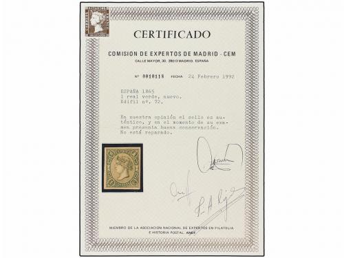 * ESPAÑA. Ed. 72. 1 real verde oscuro. PIEZA DE LUJO. Cert.