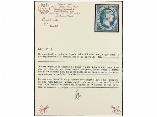 * ESPAÑA. Ed. 10. 6 reales azul, goma original. Color y márg