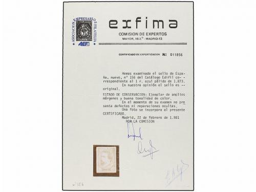 * ESPAÑA. Ed. 156. 1 real azul. PIEZA DE LUJO. Cert. EXFIMA.