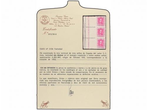 ** ESPAÑA. Ed. 312dmd. 5 cts. rosa lila. Tira de tres SIN DE