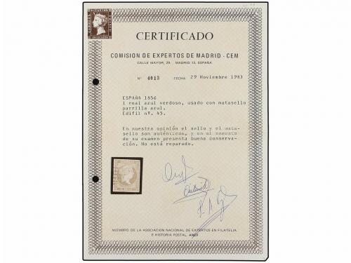 ° ESPAÑA. Ed. 45. 1 real azul verde, mat. PARRILLA AZUL. Muy