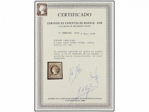 * ESPAÑA. Ed. 55. 1 real azul oscuro. PIEZA DE LUJO. Cert. C