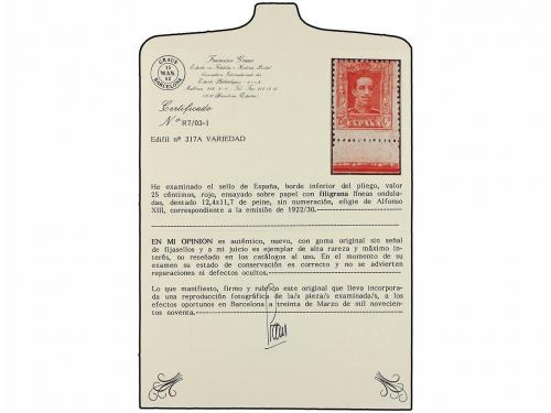 * ESPAÑA. Ed. 317Apa. 25 cts. carmín. FILIGRANA LÍNEAS ONDUL