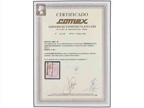 * ESPAÑA. Ed. 92. 20 cts. lila HABILITADO POR/LA JUNTA/REVOL