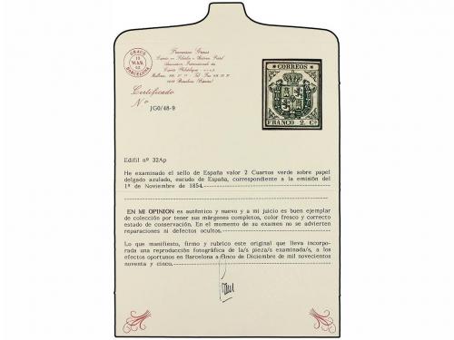 * ESPAÑA. Ed. 32A. 2 cuartos verde, papel azulado delgado. T