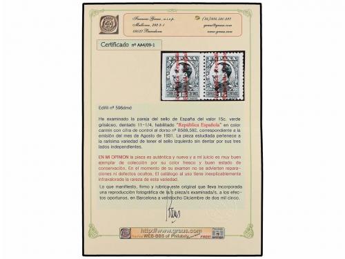 * ESPAÑA. Ed. 596dmd. 15 cts. verde azul. Pareja un sello SI