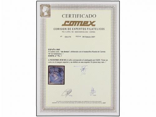° ESPAÑA. Ed. 75s. 4 cuartos azul SIN DENTAR, mat. R.C. 40 d