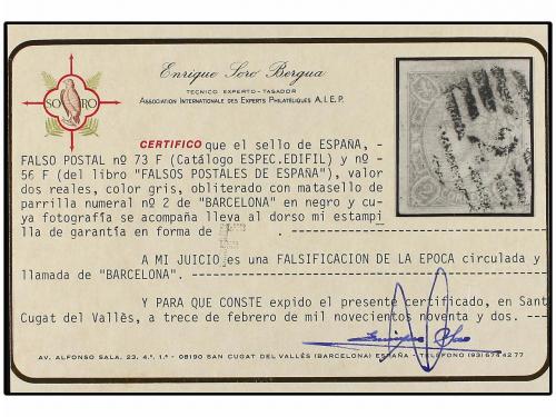 ° ESPAÑA. Ed. 73F. 2 reales gris. FALSO POSTAL. Magnífico y 