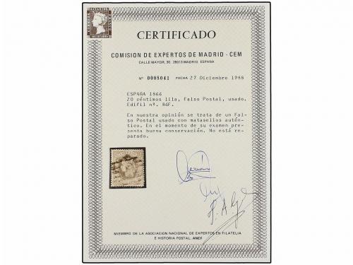 ° ESPAÑA. Ed. 86F. 20 cts. lila FALSO POSTAL. RARO. Cert. CE