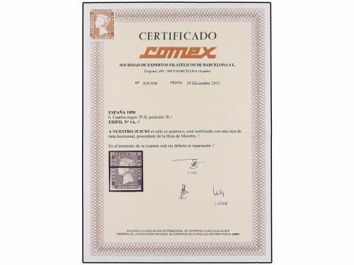 (*) ESPAÑA. Ed. 1M. 6 cuartos negro, anulado a tinta, proced