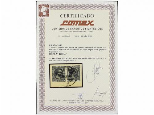 Δ ESPAÑA. Ed. 226F (2). 1 pta. violeta, FALSO POSTAL en pare