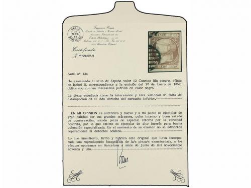 ° ESPAÑA. Ed. 13. 12 cuartos lila. FALTA PARTE DE LA IMPRESI