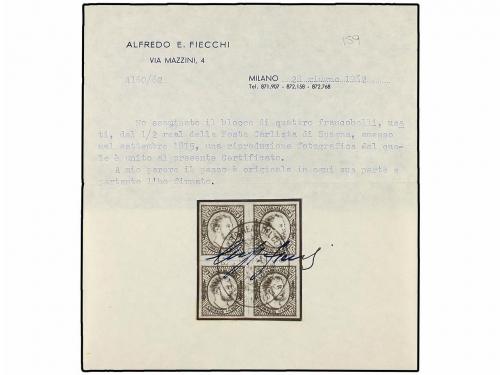 ° ESPAÑA. Ed. 159 + 159A (4). 1/2 real rosa carmín. Bloque d