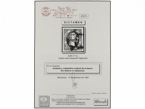 Δ ESPAÑA. Ed. 7A. 12 cuartos violeta, sobre pequeño fragment