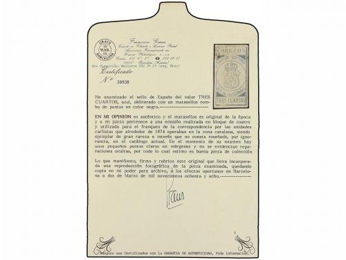 ESPAÑA. EJÉRCITO REAL DE CATALUÑA. 3 cuartos azul. Mat. ROMB