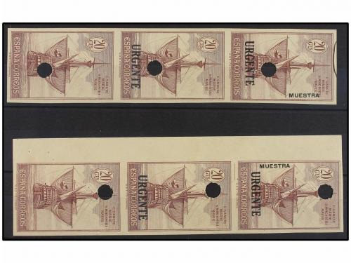 * ESPAÑA. Ed. 546. 20 cts. lila Urgente. Dos tiras de tres s