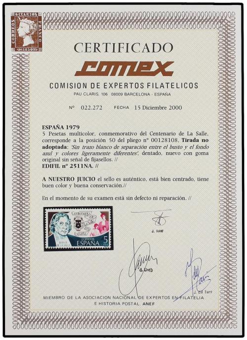 ** ESPAÑA. Ed. 2511NA. JUAN B. DE LA SALLE. 5 pts. TIRADA NO