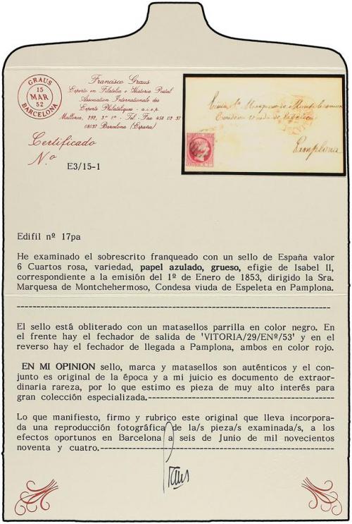✉ ESPAÑA. Ed. 17pa. 1853. FRONTAL. VITORIA a PAMPLONA. 6 cua
