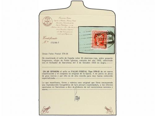 Δ ESPAÑA. Ed. 669F. 30 cts. carmín FALSO POSTAL tipo III sob