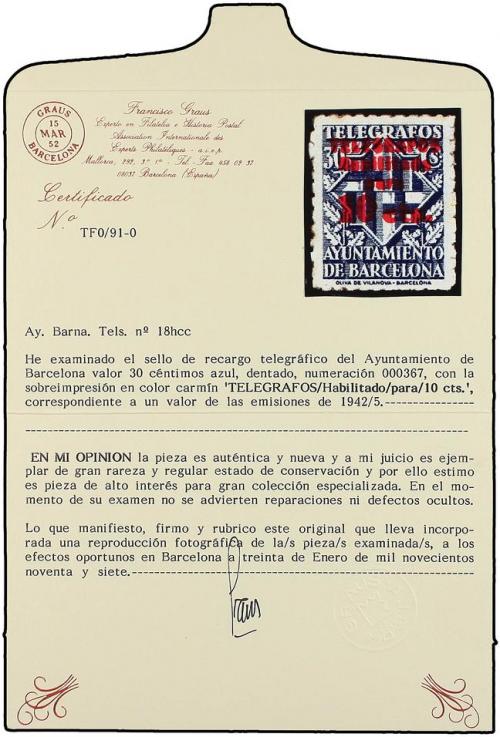 * ESPAÑA: AYUNTAMIENTO DE BARCELONA. Ed. 18hcc. TELÉGRAFOS. 