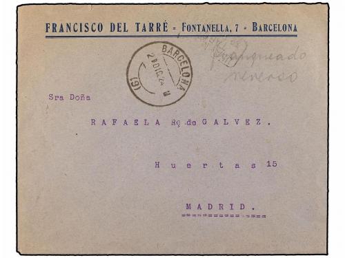 ✉ ESPAÑA. Ed. 310 (14). 1924. BARCELONA a MADRID. 2 cts. ver