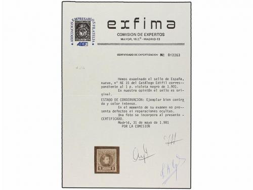 ** ESPAÑA. Ed. NE 15. NO EMITIDO. 1 pta. negro, centraje per