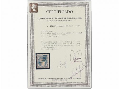 ° ESPAÑA. Ed. 112. 2 Esc. azul, mat. PARRILLA AZUL. Muy boni