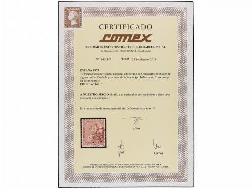 ° ESPAÑA. Ed. 140. 10 pts. castaño violeta, mat. fechador añ