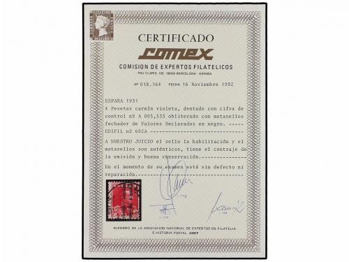 ° ESPAÑA. Ed. 602A. 4 pts. lila rosa con habilitación REPUBL