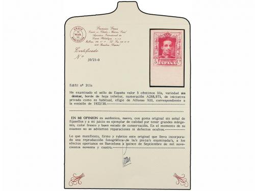 * ESPAÑA. Ed. 311s. 5 cts. lila SIN DENTAR, borde de hoja. V