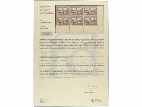 ** ESPAÑA. Ed. 763 + 765. 1 pta. multicolor. Bloque de seis,