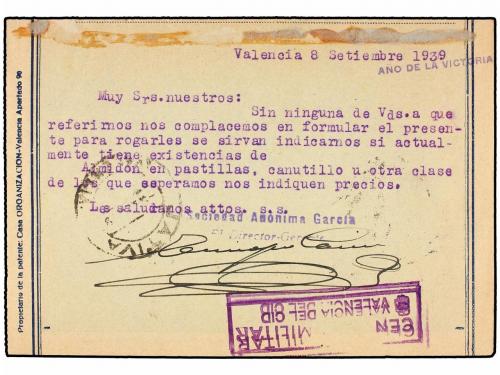¿ ESPAÑA. Ed. 858. 1939. VALENCIA a JATIVA. Tarjeta Postal C