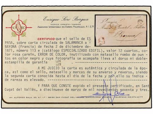 ✉ ESPAÑA. Ed. 113ec. 1871. SALAMANCA a FRANCIA. 12 cuartos r