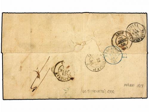 ¿ ESPAÑA: PREFILATELIA. 1858. MILÁN a BARCELONA. Marca de en