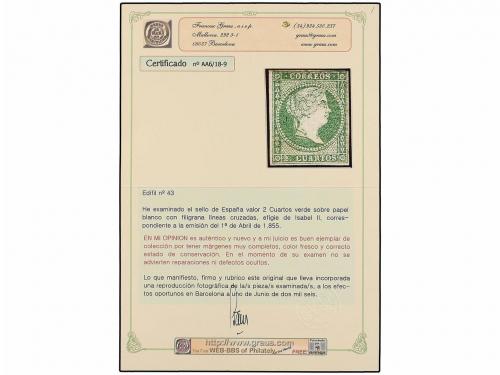 (*) ESPAÑA. Ed. 43. 2 cuartos verde, filigrana líneas cruzad