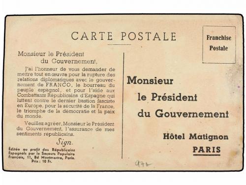 ¿ ESPAÑA GUERRA CIVIL. TARJETA editada en FRANCIA a favor de