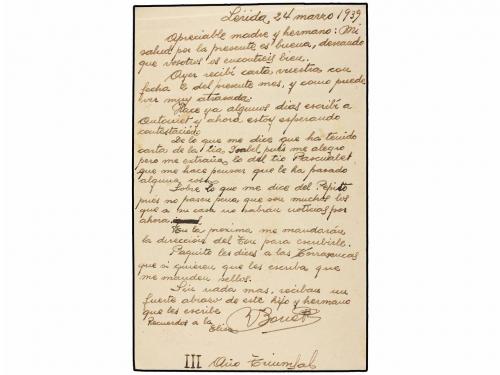 ¿ ESPAÑA GUERRA CIVIL. 1939. LÉRIDA a BARCELONA. Entero Post