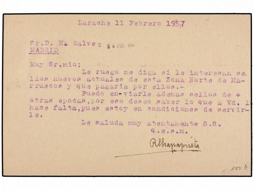 ✉ MARRUECOS. 1957. LARACHE a MADRID. Entero Postal de 20 + 5