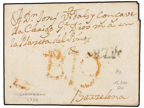✉ ESPAÑA: PREFILATELIA. 1774. CARTAGENA a BARCELONA. Marca e