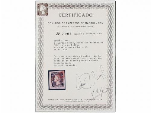 Δ ESPAÑA. Ed. 1A. 6 cuartos negro sobre pequeño fragmento, m