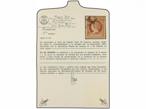 ° ESPAÑA. Ed. 54. 19 cuartos castaño, mat. R.C.1 de Madrid.